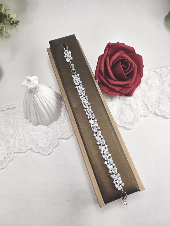 Silver Crystal Bracelet for Women, Gold Cubic Zirconia Wedding Bracelet
