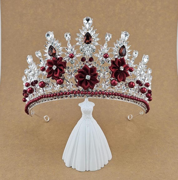 Burgundy Crystal Quinceanera Tiara: Silver Maroon Bridal Tiara, Crown