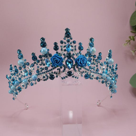 Teal Blue Crystal Quinceanera Tiara, Silver Wedding Crown