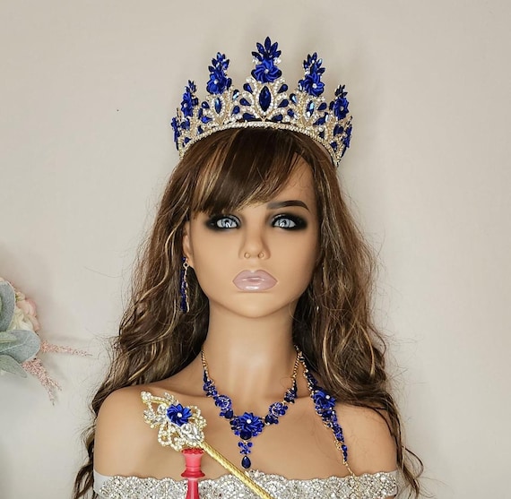 Navy Blue Crystal Crown: Gold Tiara, Necklace, Earrings Set, Sweet 16, Quinceanera, Wedding