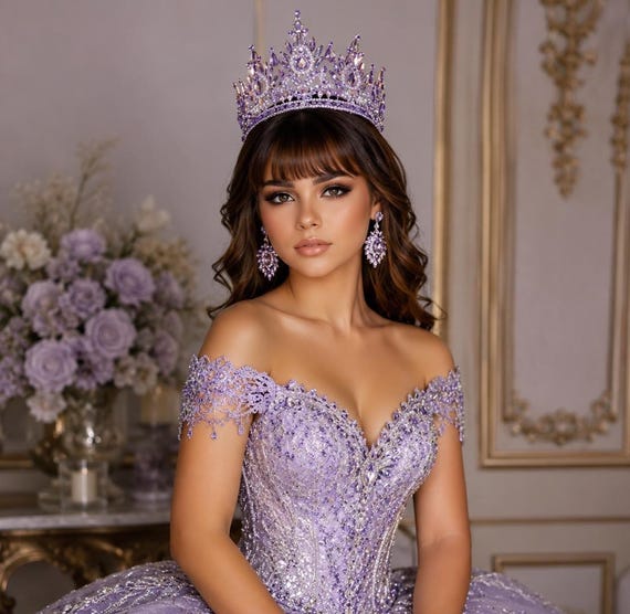 Quinceanera Crown with Earrings, Crystal Bridal Tiara, Purple Wedding Tiara, Bridesmaid Headband, Quinceanera Tiara
