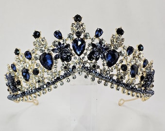 Dark Blue Tiara, Custom Blue Quinceanera Tiara, Blue Crystal and Gold Crown, Blue Quince Tiara
