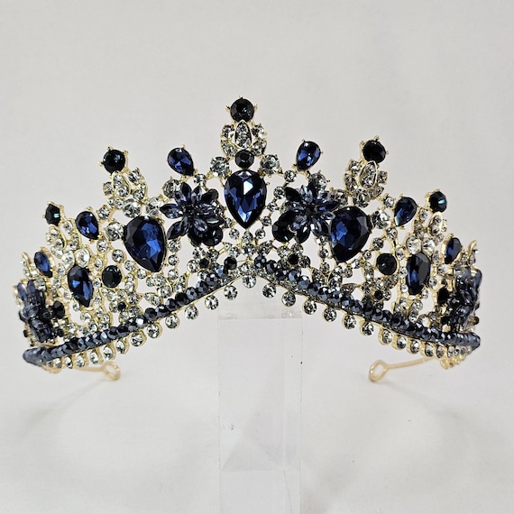 Dark Blue Tiara, Custom Blue Quinceanera Tiara, Blue Crystal and Gold Crown, Blue Quince Tiara