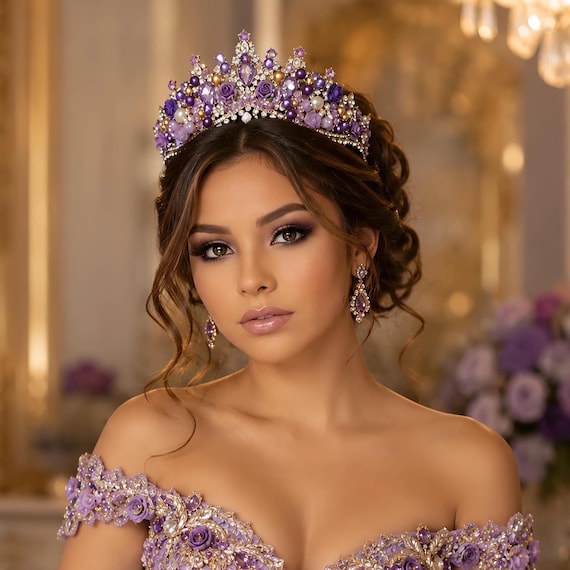 Custom Purple Quinceanera Tiara | Crystal Gold Crown for Wedding, Prom, Bridal, Birthday | Purple Beaded Crown with Flowers