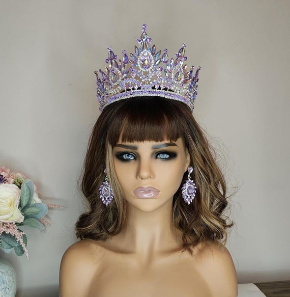 Purple Crystal Quinceanera Crown: Bridal Tiara with Earrings