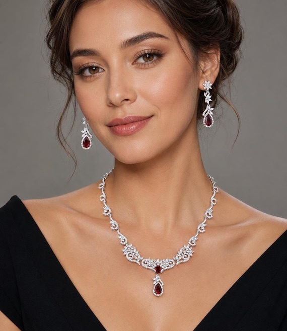 Red Bridal Jewelry set, Burgundy Bridal Earrings, CZ Necklace, Bridal Necklace, Cubic Zirconia Necklace, Dark Red Wedding Jewelry Set R136