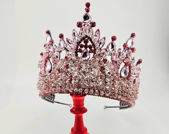 Pink Quinceanera Crown, Tall Pink Quince Tiara, Pink Crystal
