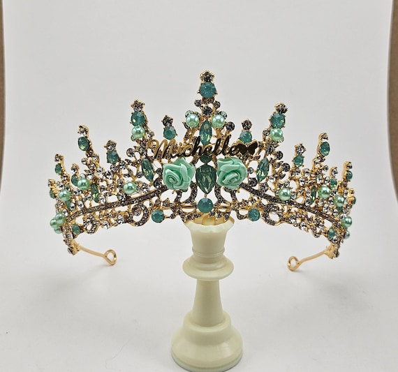 Green Opal Crystal Quinceanera Tiara, Custom Name Crown Necklace Earrings Jewelry Set