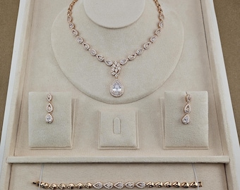 Swarovski Crystal Rose Gold Teardrop Wedding Necklace, Bridal Necklace, Earrings & Bracelet