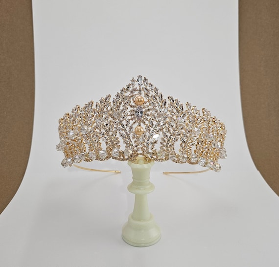 Custom Swarovski Crystal Gold Tiara, Bridal Quinceanera Crown