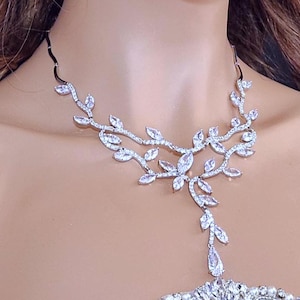 Swarovski Crystal Vine Leaves Necklace, Long Wedding Jewelry, Bridal Earrings And Necklace, Statement Earrings CZ Necklace Set