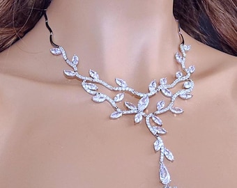 Swarovski Crystal Vine Leaves Necklace, Long Wedding Jewelry, Bridal Earrings And Necklace, Statement Earrings CZ Necklace Set