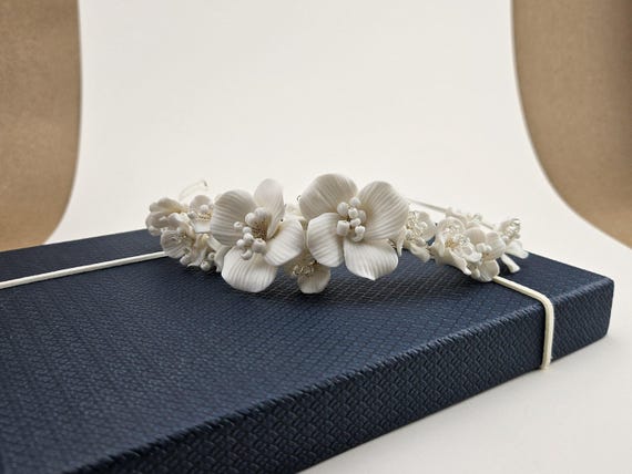Handmade Porcelain Floral Bridal Headband: Clay Flower & Pearl Crown