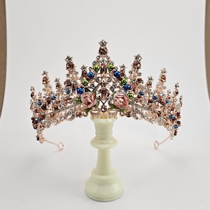 Rose Gold Tiara with Blue Crystals, Quinceanera Tiara, Rose Gold Crown Custom Rose Gold Tiara, Rose Gold Corona de 15 Ano Quinceanera Crown