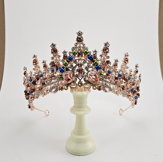 Rose Gold Quinceanera Tiara, Blue Crystal Bridal Crown