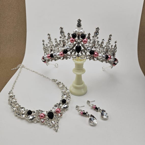 Silver Crown Quinceanera Jewelry Set - Custom Pink and Black Tiara, Necklace, Earrings - Pink Quinceanera Jewelry, Sweet 16 Birthday Tiara