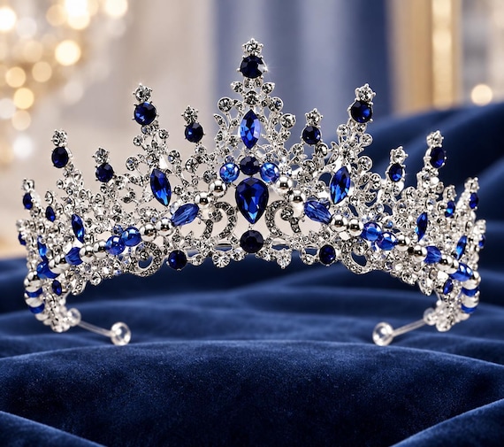 Royal Blue Crystal Tiara, Silver Quinceanera Crown, Wedding Headpiece