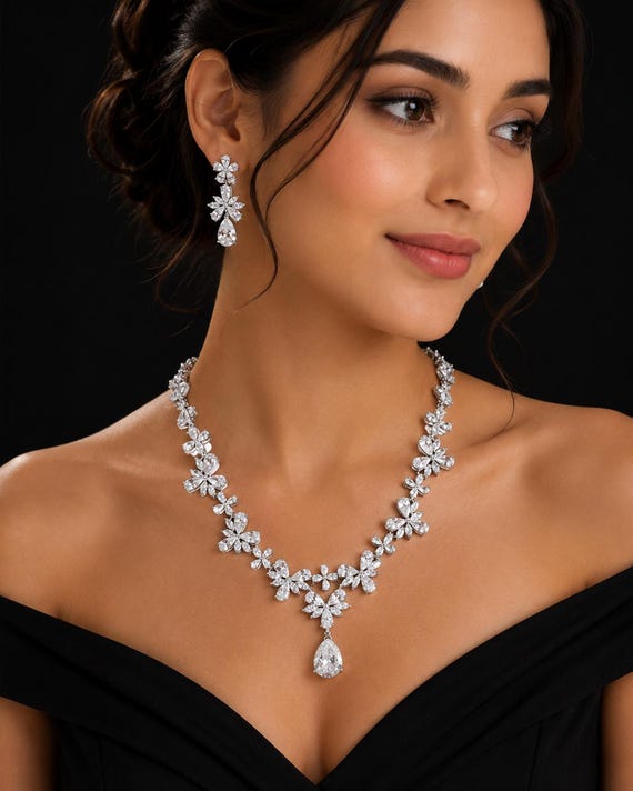 Swarovski Crystal Silver Teardrop Wedding Necklace Set, Bridal Necklace and Earrings