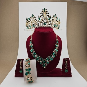 Elegant Green Quinceanera Crown Jewelry Set: Custom Tiara, Necklace, Earrings, Bracelet, 9 Different Styles