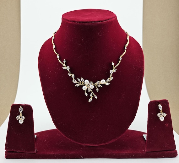 Gold Swarovski Crystal Vine Bridal Jewelry Set, Pearl Necklace Earrings