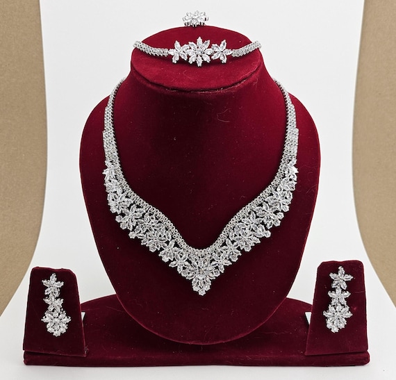 Swarovski Crystal Bridal Jewelry Set: Platinum Necklace, Bracelet, Earrings, Ring