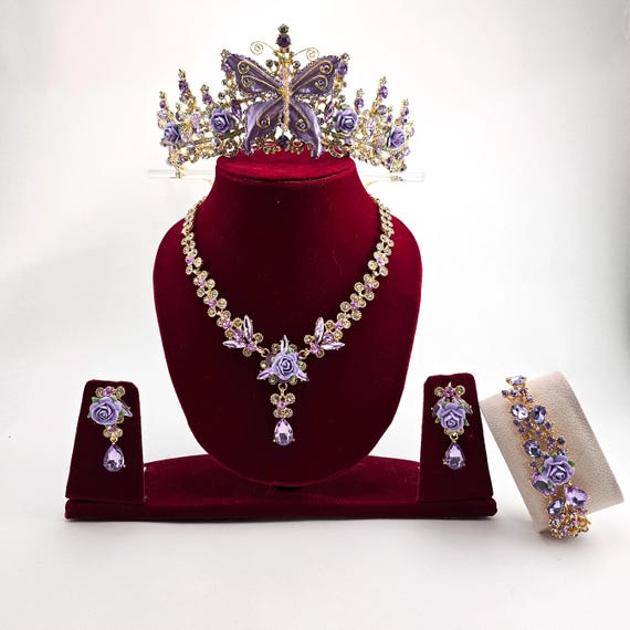 Purple Crystal Quinceanera Crown: Butterfly Tiara, Necklace, Earring Jewelry Set