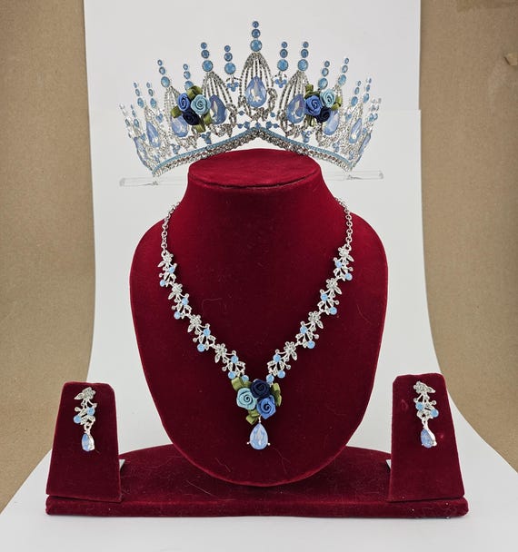 Light Blue Opal Bridal Jewelry Set, Quinceanera Tiara Crown, Necklace Earrings