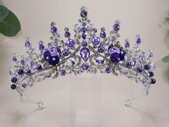 Purple Crystal Quinceanera Tiara, Silver Wedding Crown