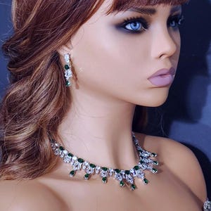 Swarovski Crystal Emerald Green Bridal Necklace and Earrings: Art Deco Wedding Jewelry Set
