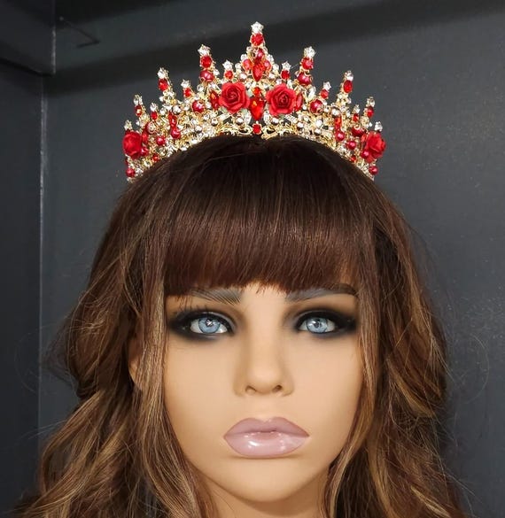 Red and Gold Quinceanera Tiara: Crystal Wedding Crown