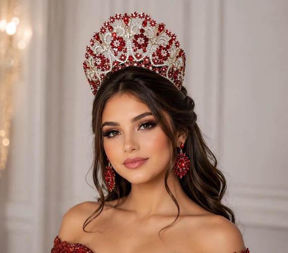 Big Tall Red Crystal Tiara: Gold Fleur De Lis Bridal Quinceanera Crown