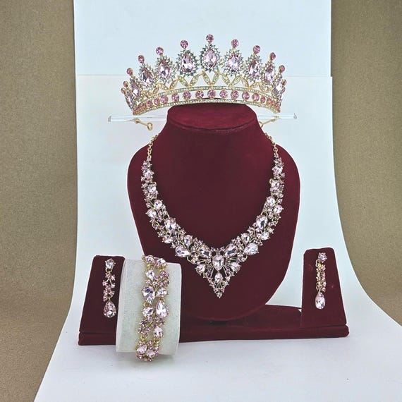 Pink Crystal Quinceañera Tiara: Gold Pink Necklace Crown Jewelry Set