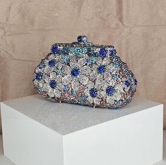 Silver Evening Clutch Bag With Colorful Swarovski Crystals, Wedding Purse For Bride, Glamorous Handbag For Formal Event