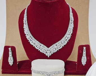 Exquisite Bridal Jewelry Set for Bride, Dainty Necklace, Earrings, Bracelet Set, Platinum Plated V Shape Statement Necklace