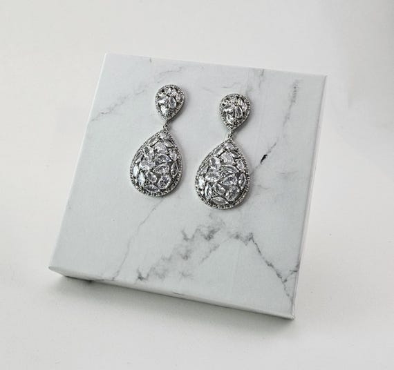 Swarovski Crystal Wedding Earrings Tear Drop Bridal Earrings: Silver Plated, Pierced/Clip-on