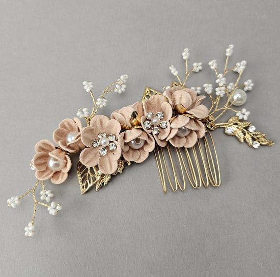 Dusty Rose Floral Bridal Hair Comb with Pearls