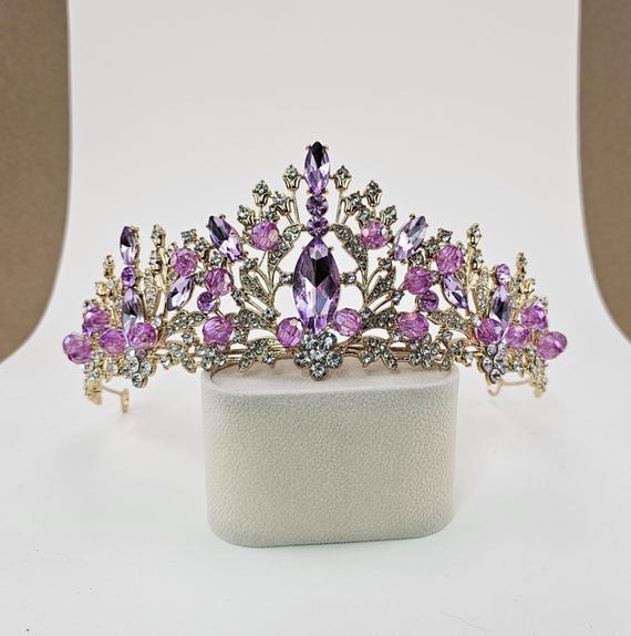 Purple Crystal Quinceanera Tiara, Gold Bridal Crown