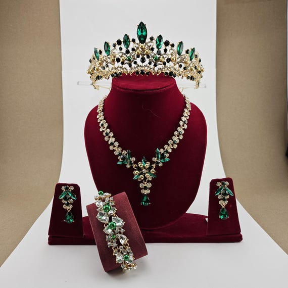 Green Crystal Tiara Set, Baroque Gold Necklace Earrings Set, Wedding Headpiece Crown, Prom Jewelry Set, Emerald Green Quinceanera Crown