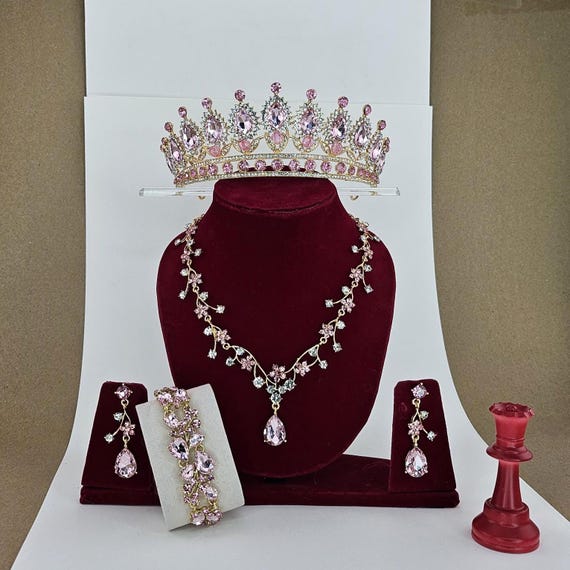 Pink Quinceanera Crown Jewelry Set, Light Pink Gold Tiara, 15 Anos