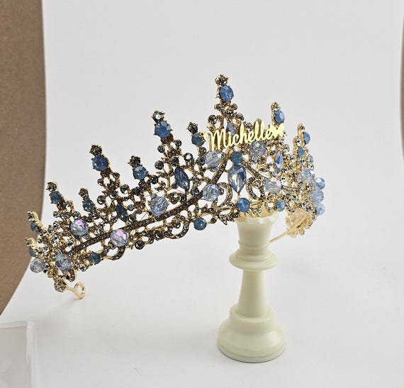 Personalized Gold Bridal Tiara: Blue Crystal Quinceanera Crown