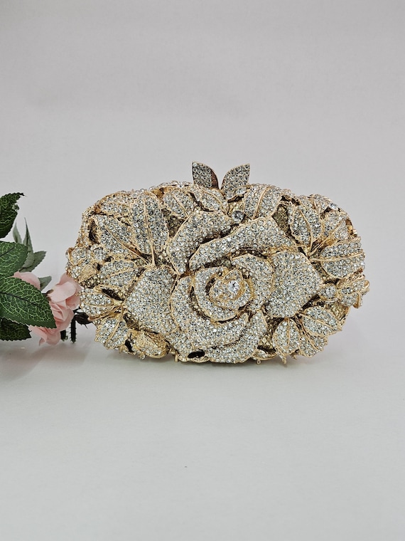 Gold Wedding Clutch Bag With Clear Rhinestone Crystals, Wedding Purse For Bride, Rose Garden Statement Bag, Evening Wedding Clutch