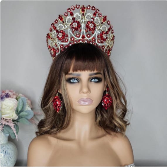 Red Quinceanera Crown | Tall Royal Tiara with Fleur de Lis