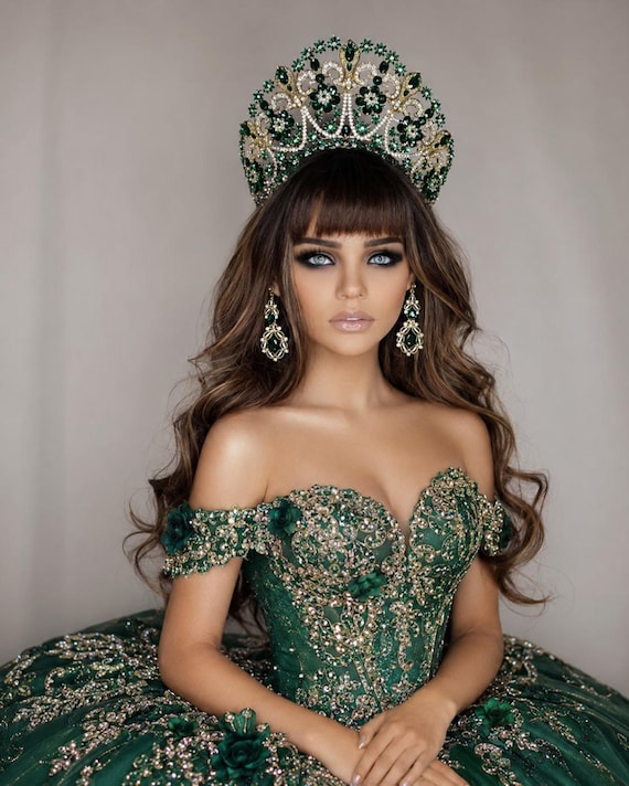 Large Tall Corona Quinceanera | Verde Esmerada | Crown Green Bridal Tiara | Quinceanera Crown | Green Tiara  Quinceanera gift