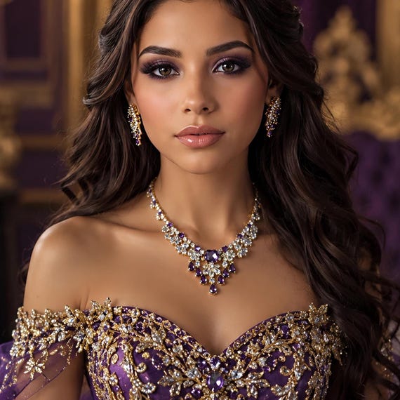 Purple Amethyst CZ Jewelry Set – Gold Tone Necklace, Earrings, Tiara – Floral Leaf Motif