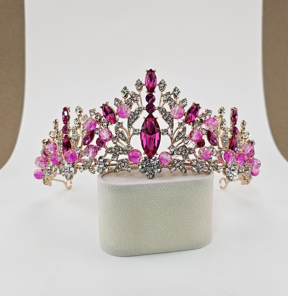 ⚠️K⭐︎Tiaraです！⚠️ Hot Pink Quinceanera Tiara: Crystal Bridal Crown, Gold Accents - Etsy