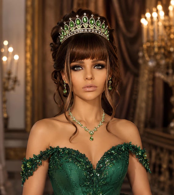 Light Green Crystal Quinceañera Tiara: Gold and Green Bridal Crown