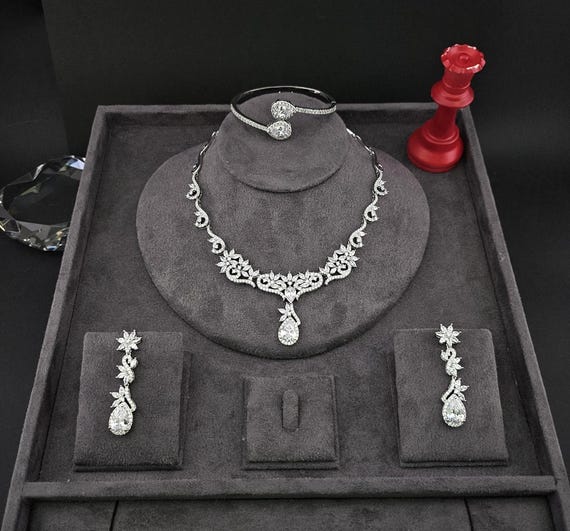 Swarovski Crystal Teardrop Wedding Necklace Set, Platinum Plated