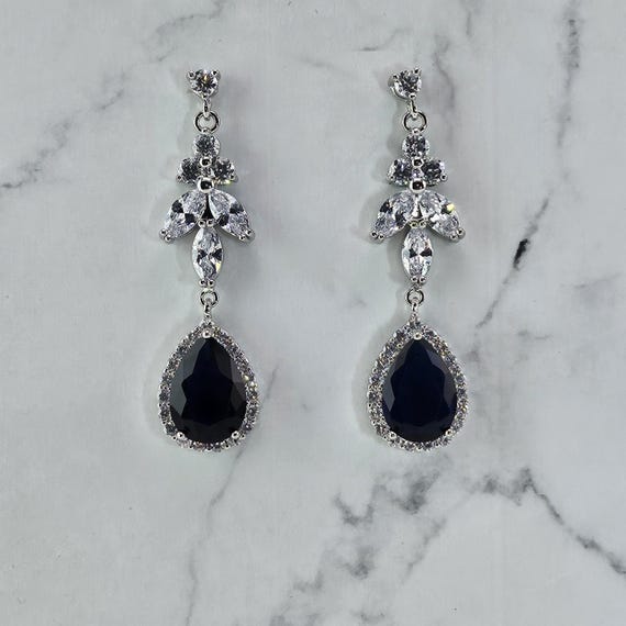 Navy Blue Crystal Teardrop Earrings: Silver Bridal Jewelry