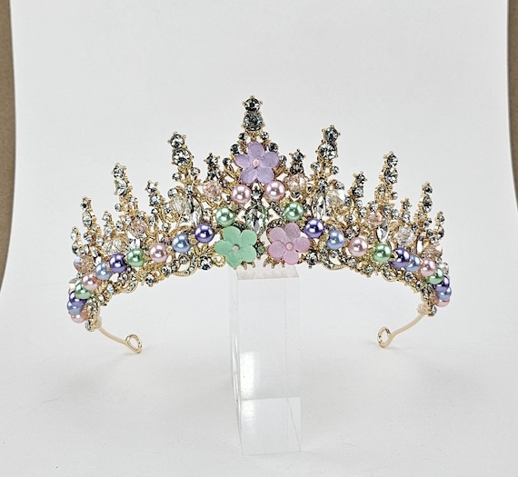 Pastel Crystal Quinceanera Crown Set | Pink, Blue, Purple Gold Tiara & Jewelry for Special Occasion