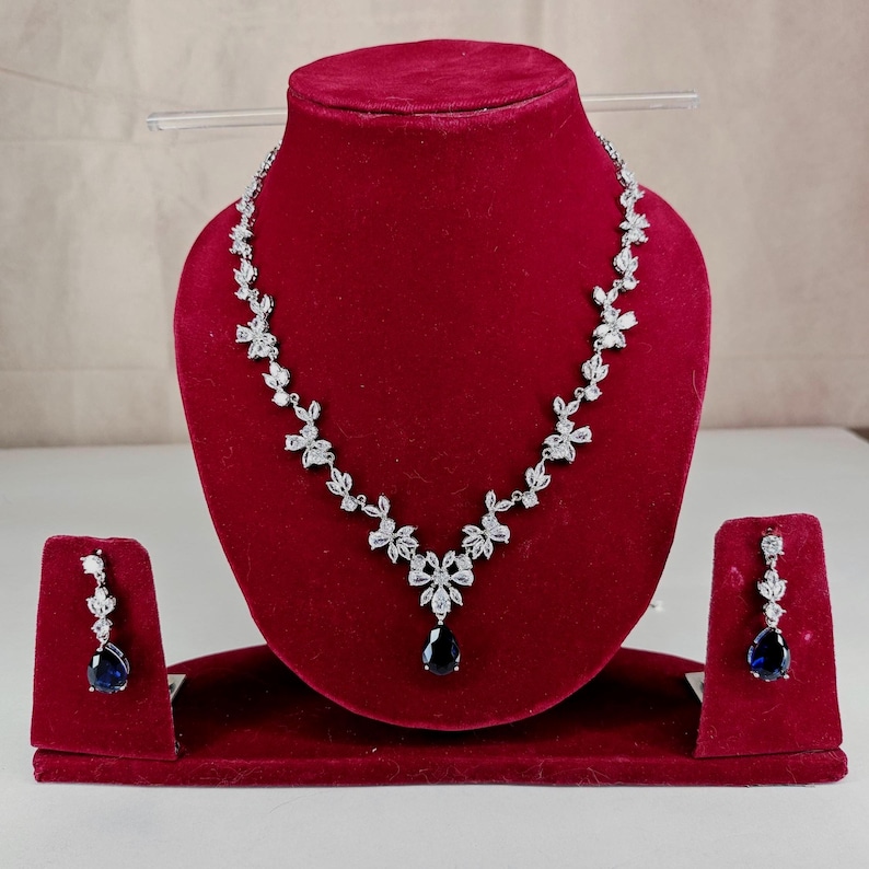 Blue Crystal Bridal Jewelry Set Teardrop Necklace and Earrings